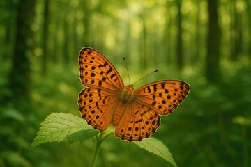Obraz premium A vibrant orange butterfly resting on a lush green leaf in a summer woodland