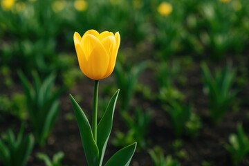 Stunning golden tulip blooming in a lush garden bed