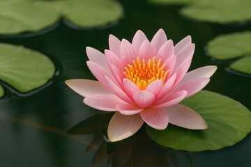 Elegant pink water lily blooming amidst lush greenery in a tranquil pond setting