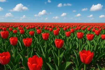 Obraz premium Vivid Scarlet Tulips Flourishing in a Vast Farmland