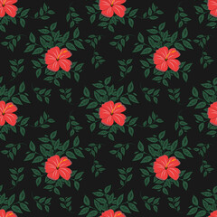 Seamless Tropical Hibiscus Floral Pattern with Green Leaves on Black