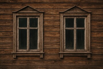 A rustic wooden cabin featuring deserted windowpanes