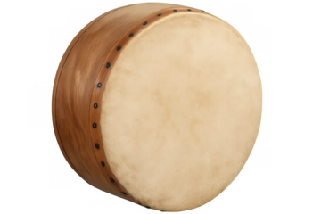 Close-up of a bodhrán, a traditional irish frame drum, showcasing its wooden frame and taut skin, isolated on a transparent background