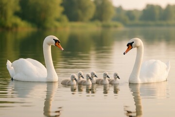 Fototapeta premium Elegant white swans gliding across the water surface