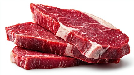 Three fresh raw beef steaks stacked on a white background, culinary ingredient
