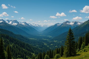 Obraz premium Stunning Panorama from a Mountain Summit featuring Icy Ridges and Lush Valleys