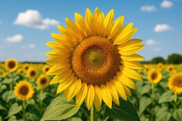 Fototapeta premium Vibrant sunflower blooming across rural farmland used for oil production