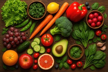 Wholesome homemade dishes featuring fresh organic fruits and vegetables on a rustic wooden surface, emphasizing natural flavors and vibrant spices from a top-down perspective.