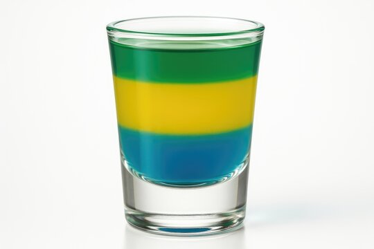 Colorful layered shot of alcoholic beverage on white backdrop