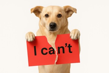 A light-colored dog ripping a red paper with 'I can't' written on it against a plain white backdrop.