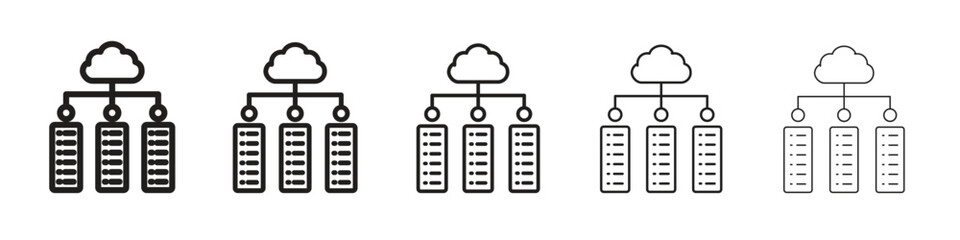 Data center iconBlack linear bold and thin strokes set