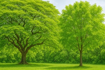 Fototapeta premium Lush Jungle Scene Featuring a Large Jalebi (Kodukapuli) Tree and Neem Tree with Vibrant Foliage