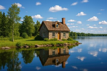 Obraz premium Charming lakeside cabin under a clear blue sky
