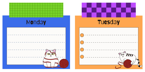 Kids Daily planner list. Vector illustration of Day Planner with Whimsical cute cat input text area and duct tape. Perfect silly child to do list nursery scrapbook art. EPS 10