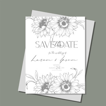 Sunflowers Wedding Invitation template, Outline Sunflowers Minimalist Wedding Invitate Template, Line Art Sunflowers Wedding