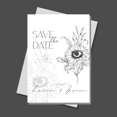 Sunflowers Wedding Invitation template, Outline Sunflowers Minimalist Wedding Invitate Template, Line Art Sunflowers Wedding