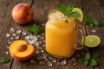 Refreshing summer beverages and plant-based treats featuring peach smoothies, juices, or lemonades served in mason jars with lime, mint, and ice on a rustic wooden surface.