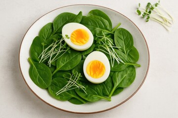 Starter featuring egg, leafy greens, and microgreens