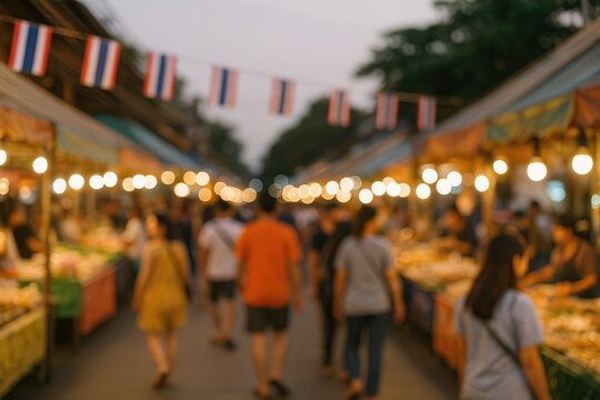 Abstract out-of-focus depiction of northeastern Thai marketplaces with bokeh effects for backdrop applications