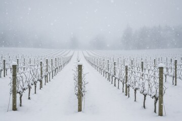 A snowy winter scene at a vineyard close to a historic town