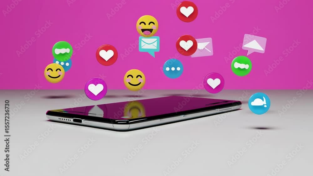 Poster Social media icons dynamically floating above smartphone, showcasing digital communication and online engagement against vibrant pink background with white surface
