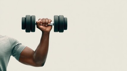 Close-Up of Male Arm Lifting Dumbbell Against Minimalist Background