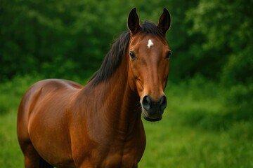 Fototapeta premium Stunning portrait of a joyful brown horse amidst lush greenery