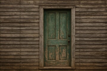 Old Derelict Structure with Rustic Wooden Exterior and Vibrant Green Entrance