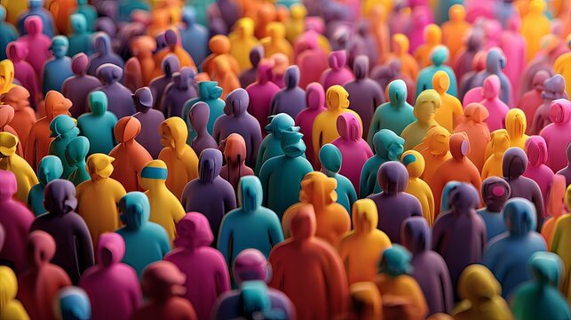 colorful crowd of abstract 3D human figures, vibrant colors, minimalistic background