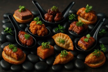 Black stone serving platter with decorated Asian-style meat and taps
