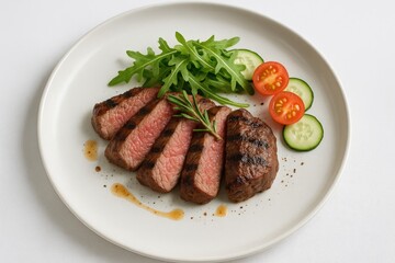 Top-down view of savory meat served on a pristine white dish