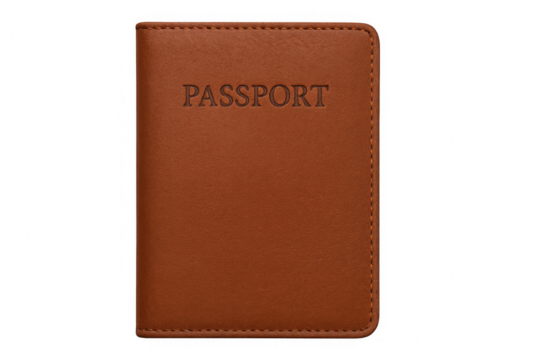 Genuine leather passport holder displaying embossed travel document cover, isolated transparently