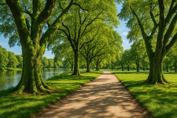 Obraz premium A sunny summer day with a dirt trail winding through a lush green park, surrounded by vibrant moss-covered trees