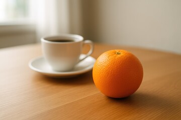 A citrus fruit resting on a surface during a coffee break