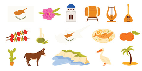 Cyprus travel landmarks set, tourist attractions and culture elements, food of island country. Rocky beach landscape of Capo Greco, monastery and olive oil, orange cartoon vector illustration