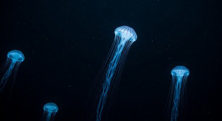 Graceful jellyfish gracefully drift in the ocean's dark depths, their translucent bodies illuminated by a soft, ethereal glow.
