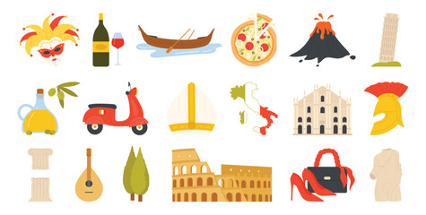 Travel to Italy, stickers of landmarks and culture elements set. Italian fashion and architecture, food and drink, country map with flag, Venetian Carnival mask and gondola cartoon vector illustration © Flash Vector