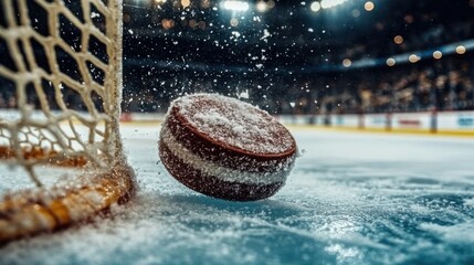 Puck flying into hockey net