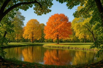Obraz premium Vibrant autumn foliage on deciduous trees, framed by branches and leaves, with a pond and blue sky in a peaceful park setting