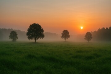 Obraz premium Serene lush field shrouded in thick fog with solitary trees