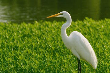 Fototapeta premium A magnificent egret perched in a thriving green landscape filled with lush vegetation