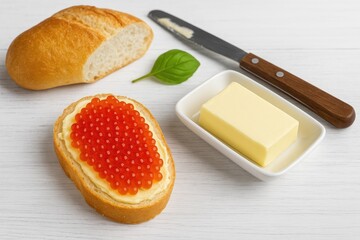 Crusty bread topped with red caviar, served with butter and a knife on a white wooden surface