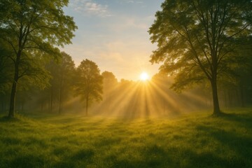 Obraz premium A stunning dawn with sunlight filtering through foliage and a mystical fog setting the scene