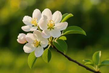 Obraz premium A bunch of soft white apple flowers with touches of pink and yellow stamens on a leafy branch
