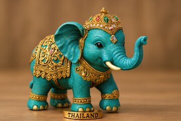 A decorative figurine of a majestic blue elephant adorned with golden accents and a gemstone crown.