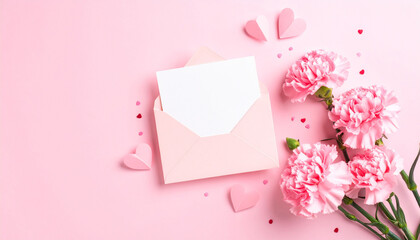Valentine's Day background with pink flowers, hearts, and envelope on pastel pink backdrop