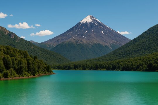 Volcanic eruption close to the emerald lagoon within Lanin National Park
