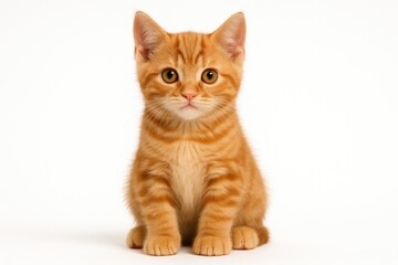 Charming European Shorthair kitten sitting upright and gazing directly at the camera against a plain white backdrop