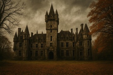 Obraz premium Haunted fortress captured during fall with a gritty, abandoned atmosphere