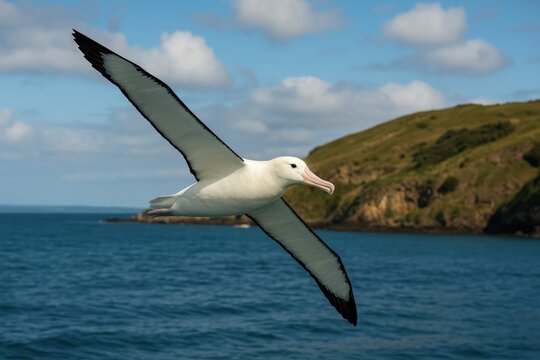 Flying Northern Royal Albatross over Otago Peninsula's Coastal Colony